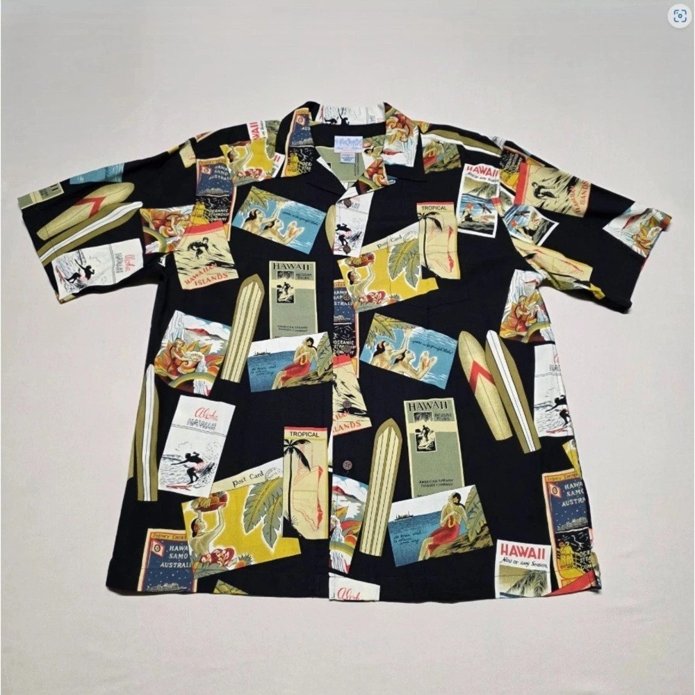 Quiksilver Edition Silver Men Large Black Postcard Hawaiian Shirt Comfort Fit